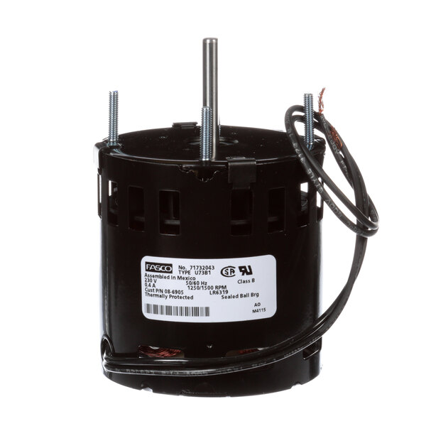 A close-up of a black Market Forge 230v motor with wires.