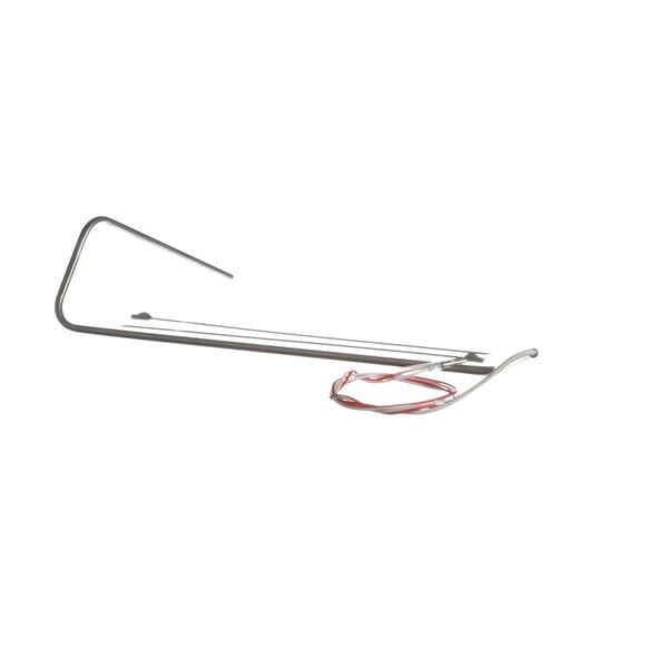 A metal rod with a metal hook and red and white wires.