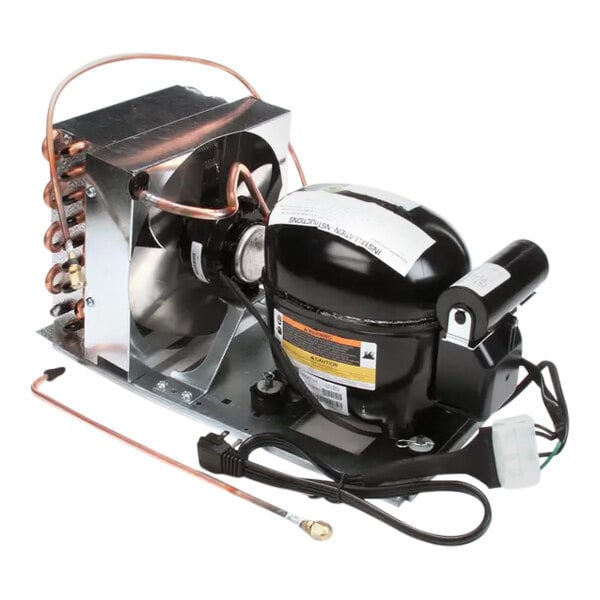 A refrigeration condenser unit with a black compressor, metal fan, copper tubing, and attached power cord.