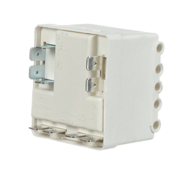 A white True Refrigeration start relay with metal connectors.