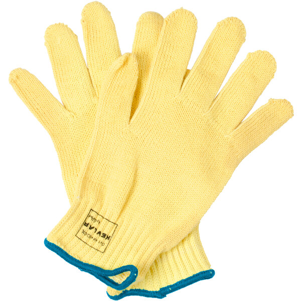 A pair of yellow Cordova cut resistant gloves with blue trim.