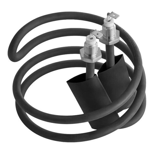 A coiled black heating element with two metal terminals and hexagonal bases at one end.