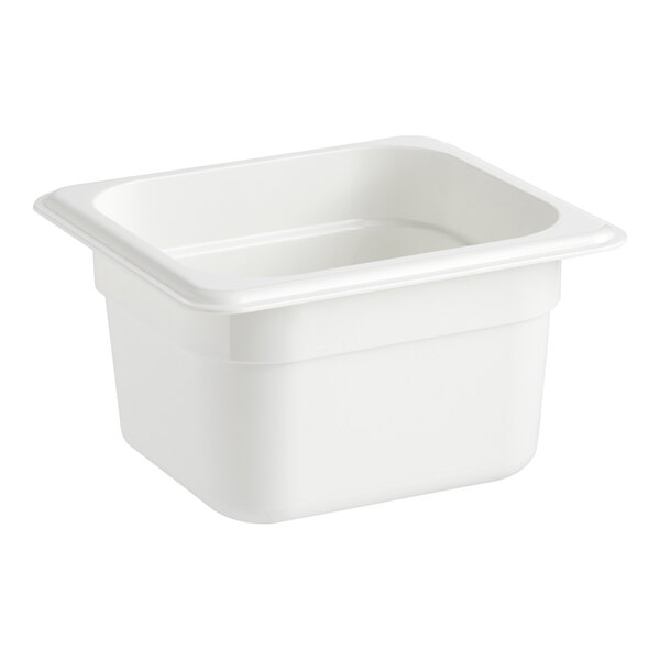 A white square Cambro food pan with a lid.