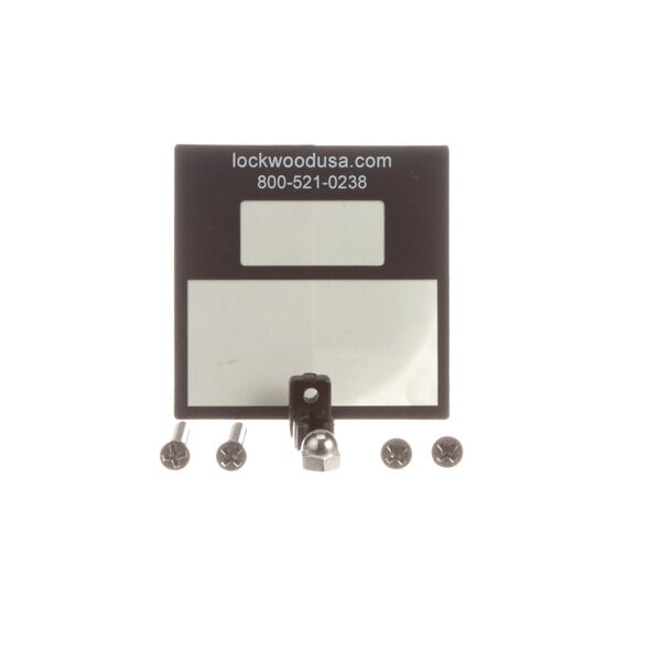 A black square Lockwood thermometer with white text and screws.