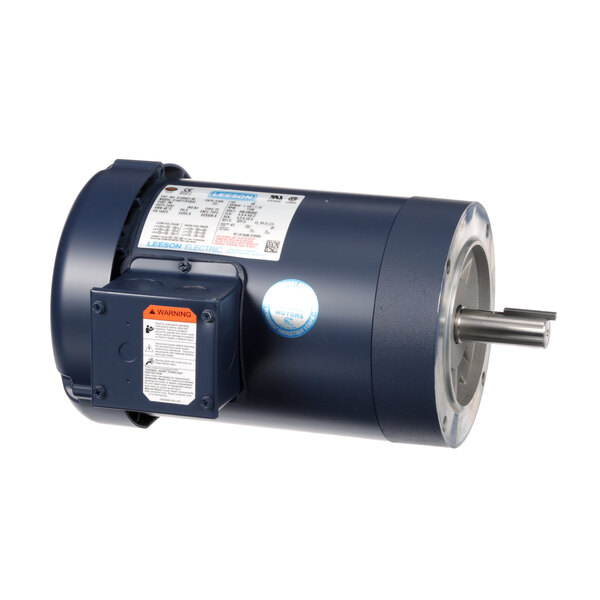 A close-up of a blue electric motor with a white label.