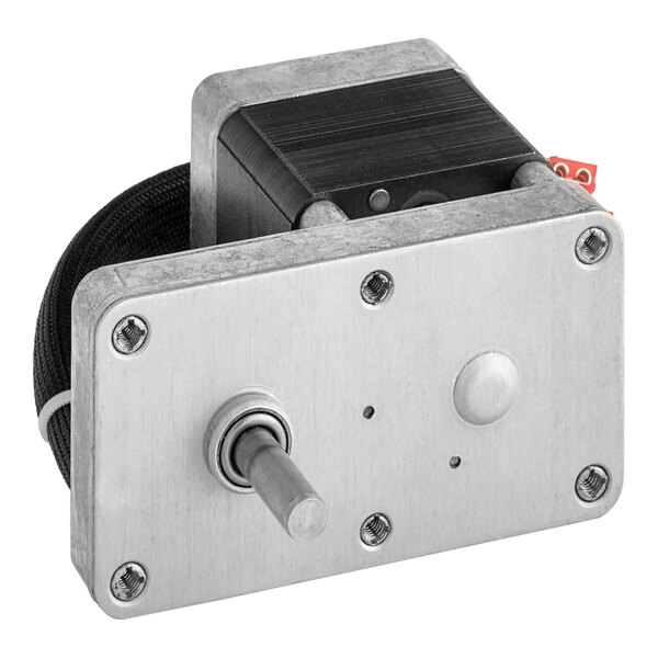 A small metal motor with a black and silver metal cylinder and a white and black cover.