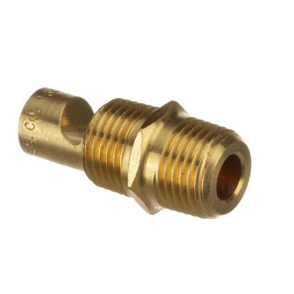 A brass threaded male connector with a hole.