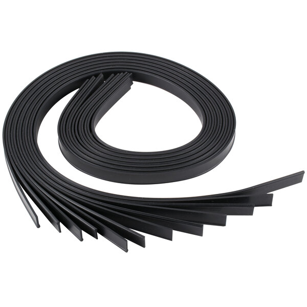 A black rubber strip with four pieces of black plastic.