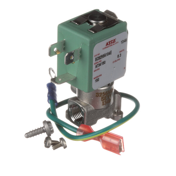 A close-up of a Henny Penny water valve kit with wires and a green device attached.