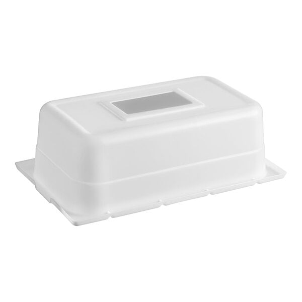 A white rectangular container with a clear lid.