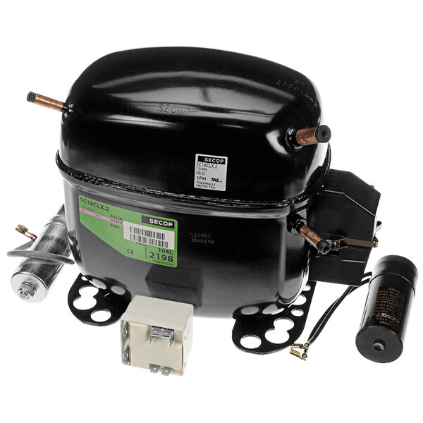 A black and silver Global Refrigeration compressor with copper pipes and a green label.