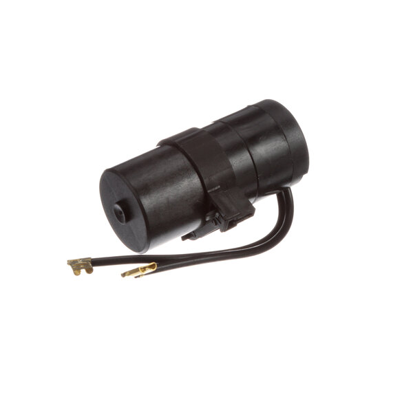 A black Franke capacitor with metal connectors on a white background.