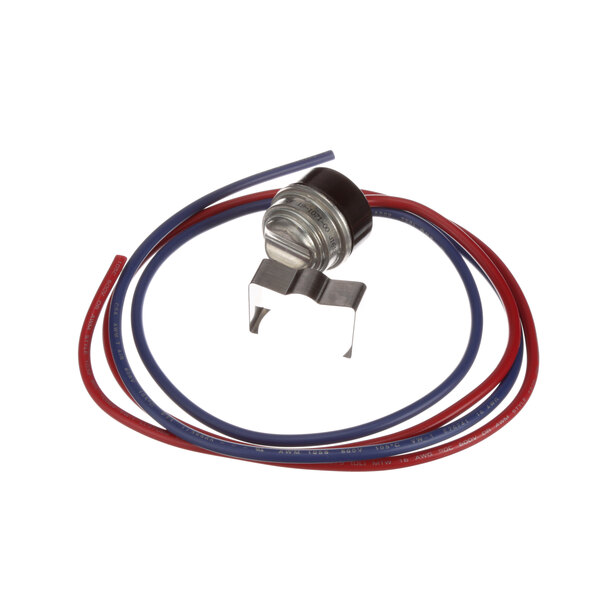 A close-up of a Global Refrigeration Thermodisc defrost term with a metal cap, red and blue wires.