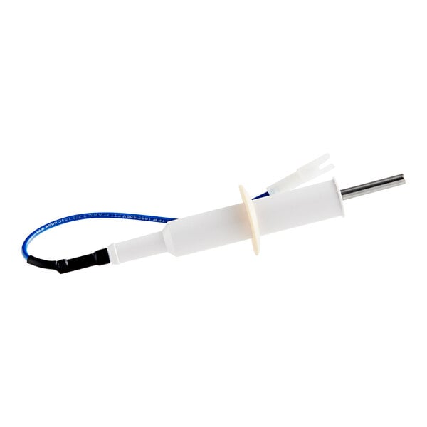 A white and blue electrical device with a white and blue wire and a metal rod.