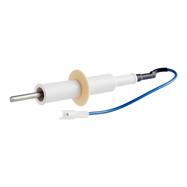 A white and blue electrical device with a white and blue wire and a metal rod.