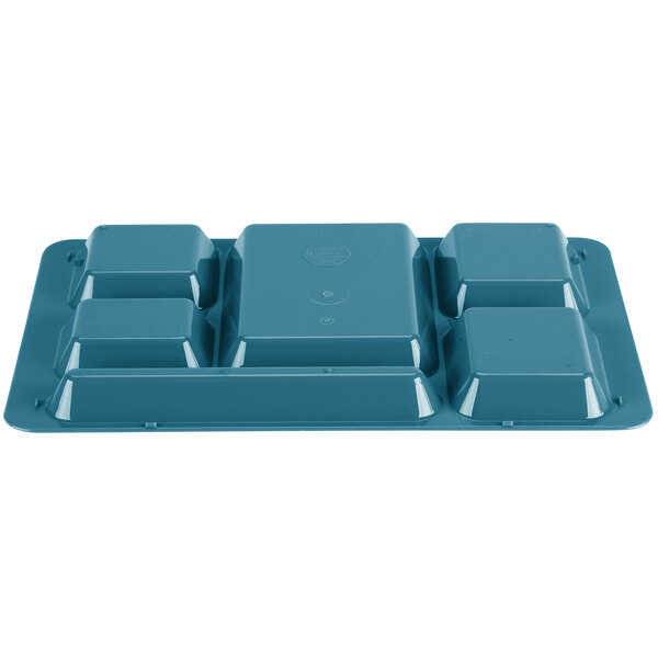 A teal blue Cambro 6 compartment tray.