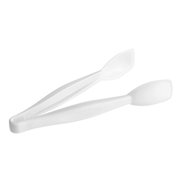 A pair of white plastic tongs with black handles.