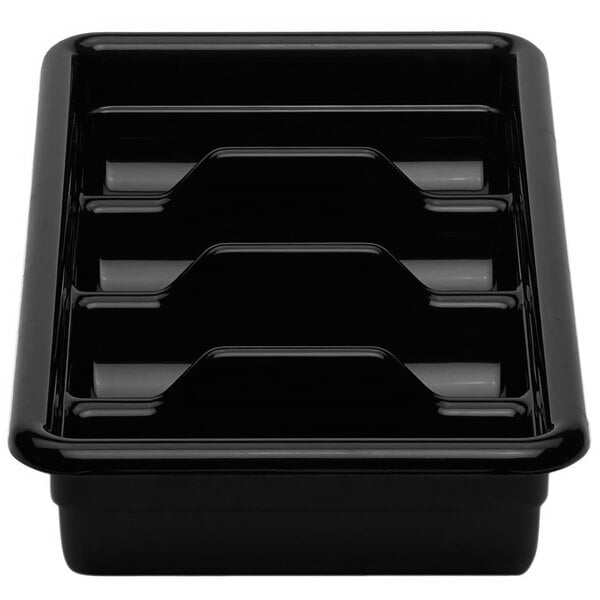 A black plastic container with four compartments.