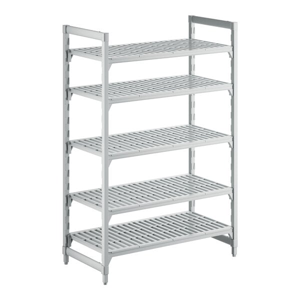 A white Cambro Camshelving Premium shelving unit with 5 vented shelves.