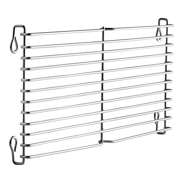 A metal rack assembly with hooks for pans.