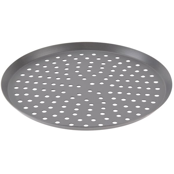 An American Metalcraft 11" round hard coat anodized aluminum pizza pan with perforations.