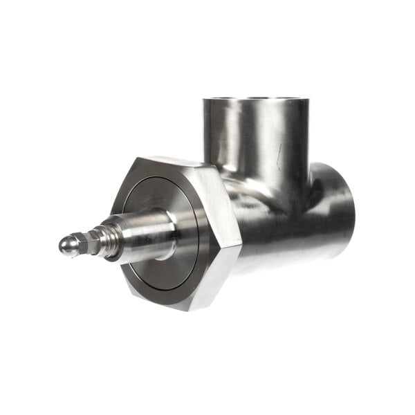 A close-up of a metal Groen valve with a threaded end.