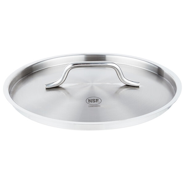 A silver Vollrath stainless steel lid with a handle.