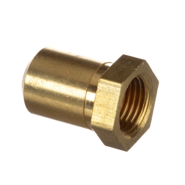 A close-up of a brass threaded nut.