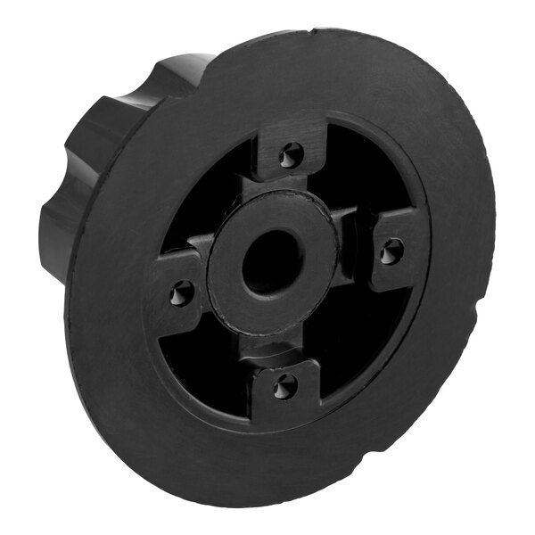 A black, round, plastic knob with a central hole and four screw holes arranged symmetrically around the center.