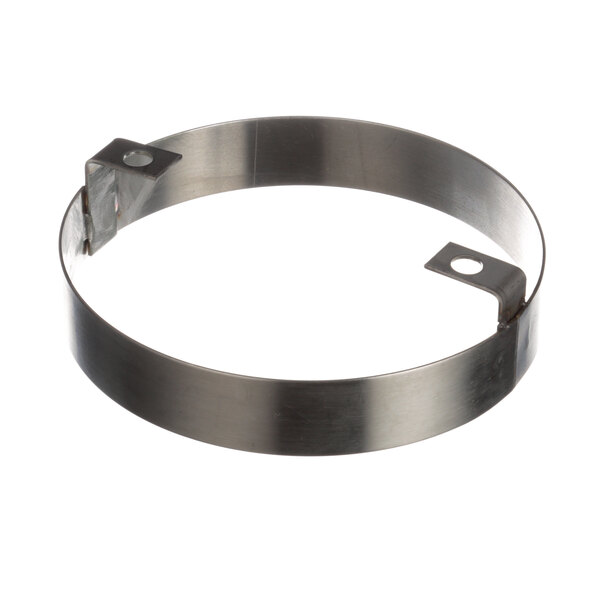 A stainless steel circular metal ring with two screws.