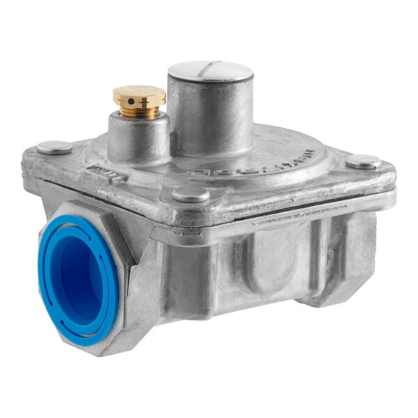 A metal gas valve with a blue cap and circle.