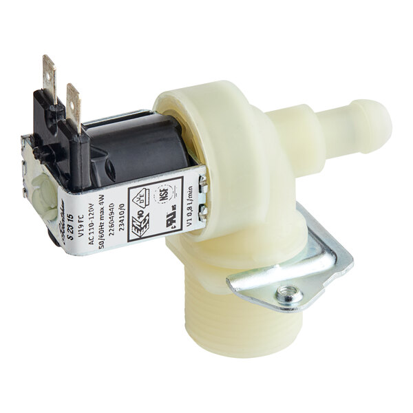 A white plastic Manitowoc Ice water inlet valve with a black and silver metal connector.