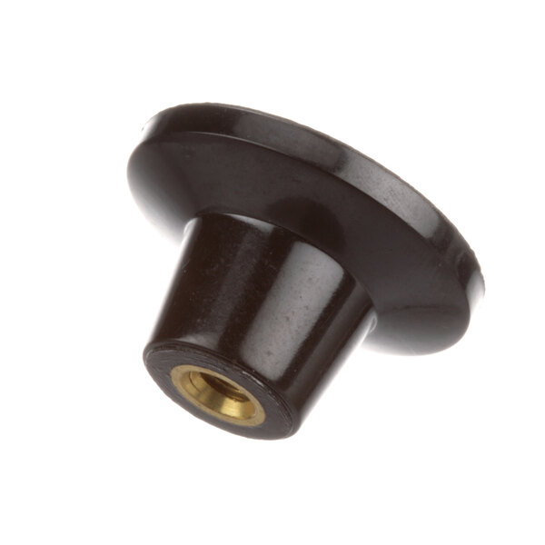 A close-up of a black plastic object with a gold nut in the center.