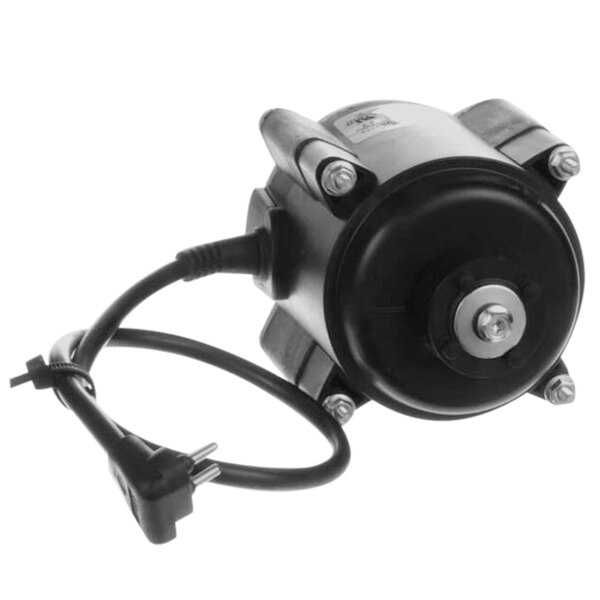 A black electric motor with a cord attached.