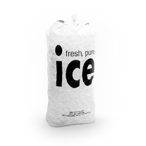 A close-up of a Follett ice bag filled with ice cubes.