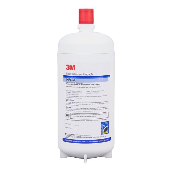 A white 3M container of 3M Water Filtration Products with a red label and cap.