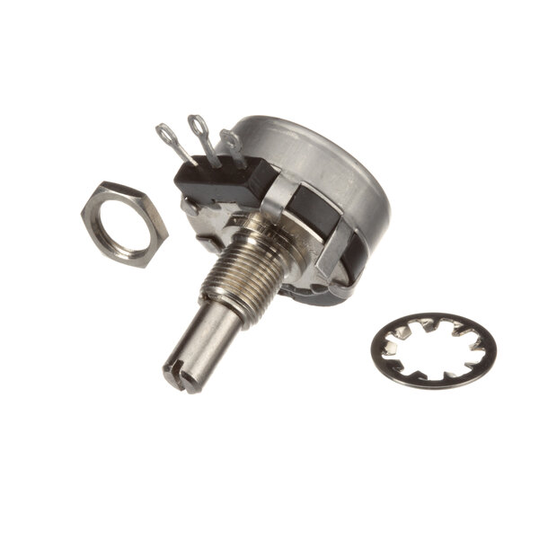 A close-up of a US Range potentiometer with a small metal gear and nut.