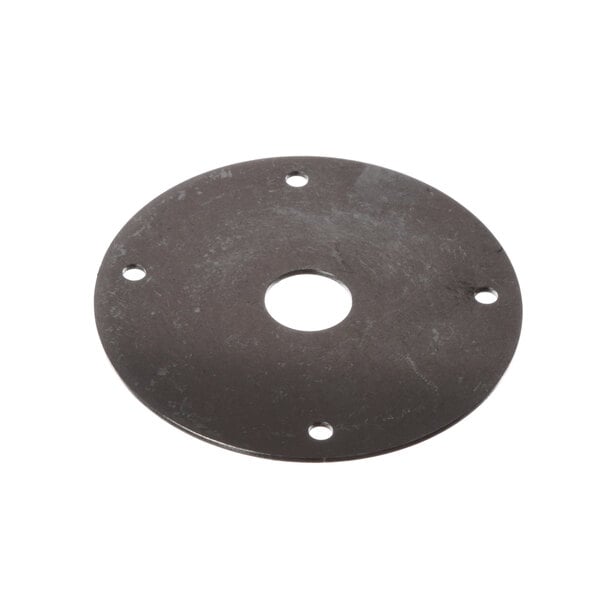 A black metal round plate with holes.