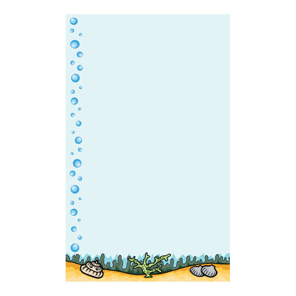 A cartoon-style underwater scene with bubbles rising along the left side, seashells, seaweed, and sand at the bottom, and a light blue background.