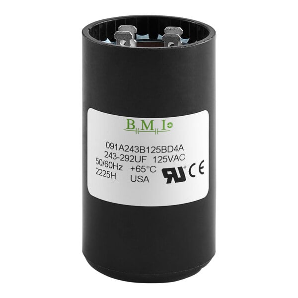 A black cylinder capacitor with a white label with the words "bmle" in white.