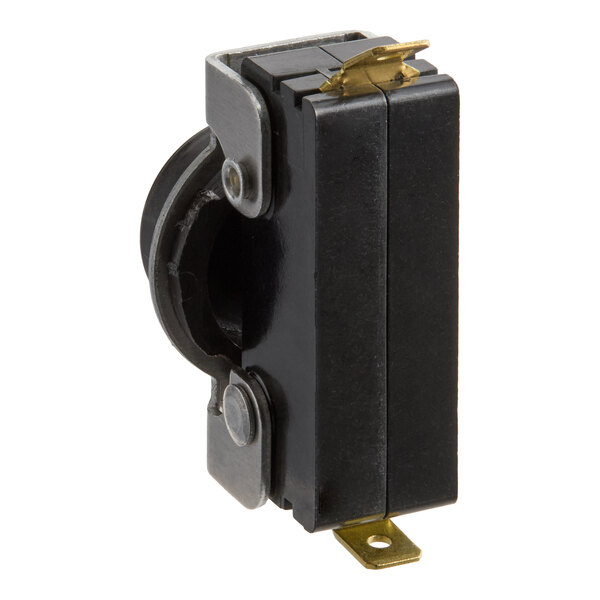 A black rectangular electrical switch with metal mounting brackets and two brass terminals.
