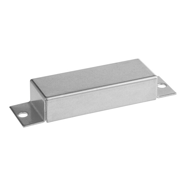 A rectangular metal Hobart retainer magnet with holes in it.