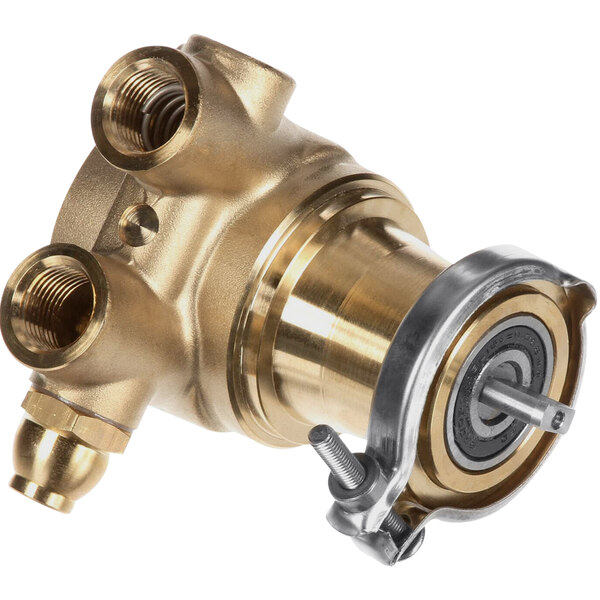 A gold and silver metal Multiplex water pump with a round metal object.