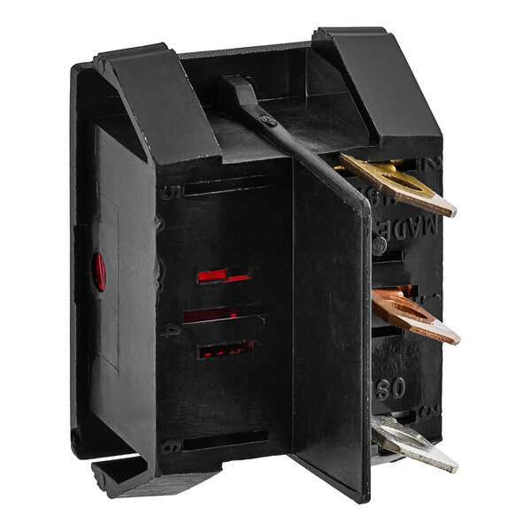 A black rectangular Vulcan Rocker Switch with two red wires.