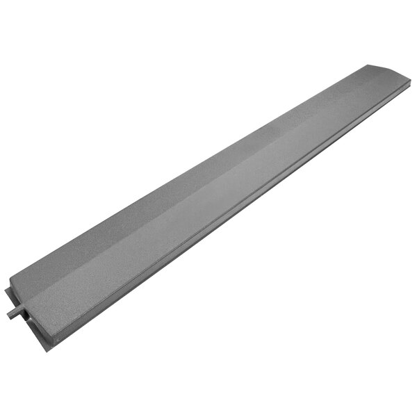 A grey rectangular metal pan with a long rectangular shape.