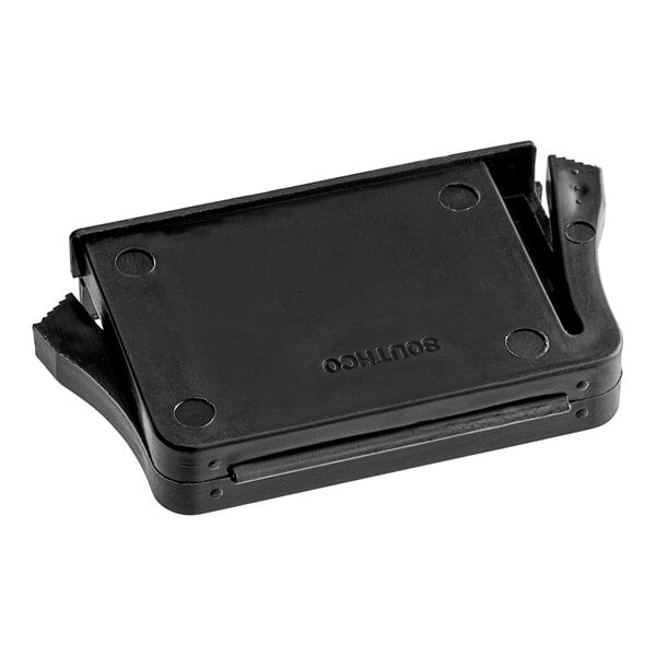 A black plastic rectangular Hatco door magnet.