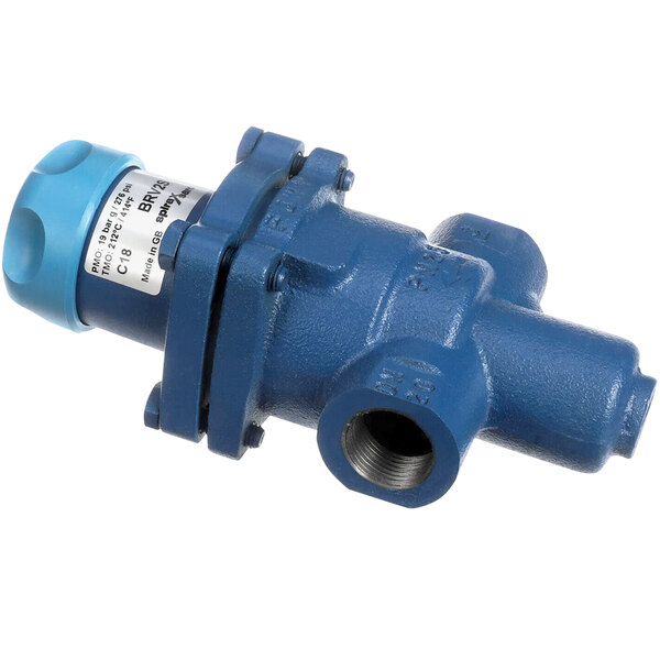 A blue metal Crown Steam pressure valve with a white label.