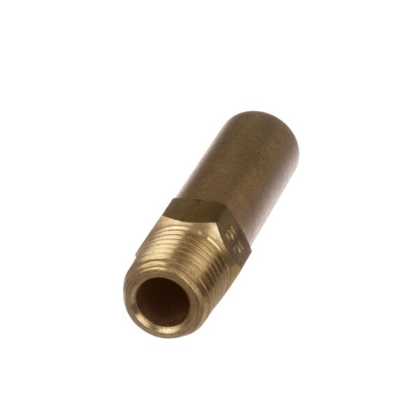 A close-up of a brass threaded pipe.