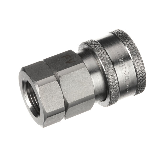 A stainless steel threaded coupling with a nut.