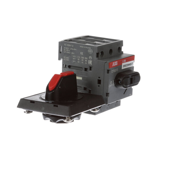 A grey and red Salvajor disconnect switch with a black and red button on top.